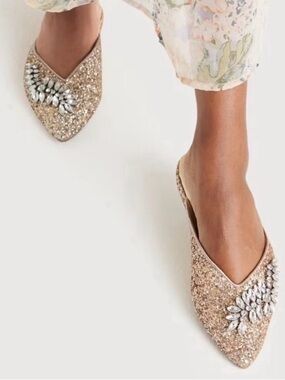 Birdies The Swan Jeweled Gold Sparkle Flats Size 8 Pointed Toes Evening Wear